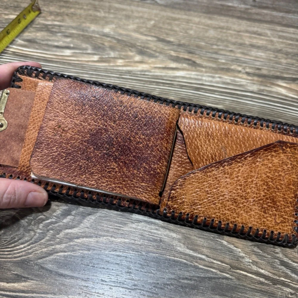 Vintage Hand Tooled Leather Fisherman Bass Wallet Whipstitch Bifold BrownWestern